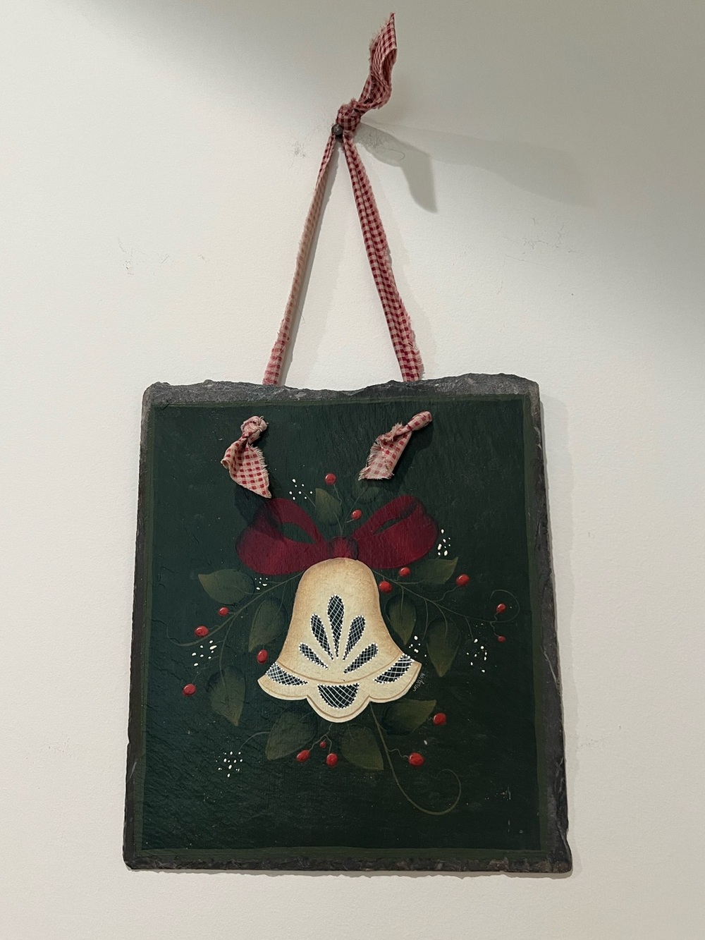Hand-Painted Bell Wall Slate Plaque in Forest Green with Bow, Red Berries